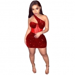 Red Sloping Shoulder Fashion Sexy Mesh Sequin Party Dress