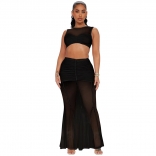 Black Mesh Spliced Short Top Sexy Wrapped Hip Half Skirt Set