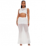 White Mesh Spliced Short Top Sexy Wrapped Hip Half Skirt Set