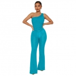 Blue Sleeveless One Shoulder Short Top Slim Fit Micro Ragged Pants Two Piece Set