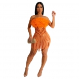Orange Feather Bustier Mesh Sexy Women Club Dress