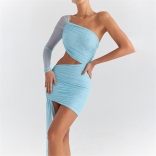 Blue Mesh Long Sleeve Fashion Women Lining Mini Dress