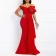 Red Irregular Lace One Line Neck Ruffle Beaded Evening Long Dress