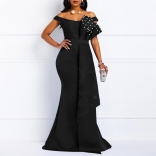 Black Irregular Lace One Line Neck Ruffle Beaded Evening Long Dress