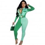 Green Long Sleeve Deep V-Neck Printed Fashion Women Bodycon Sexy Jumpsuit