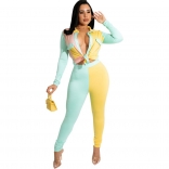 Yellow Long Sleeve Deep V-Neck Printed Fashion Women Bodycon Sexy Jumpsuit