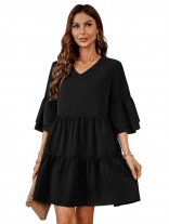 Black Fashion V-neck Women Loose Fitting Skirt Dress