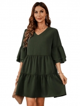 Green Fashion V-neck Women Loose Fitting Skirt Dress