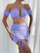 Purple Hollowed out Pleated Sexy Bandage Women Mini Dress