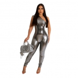 Silver Metal Gilding Sleeveless Halter Sexy Bodycon Jumpsuit