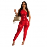 Red Metal Gilding Sleeveless Halter Sexy Bodycon Jumpsuit