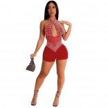 Red Round Neck Straps Mesh Diamonds Party Sexy Jumpsuits