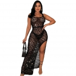 Black Sleeveless Strap Hollow-out Knitting Sequin Sexy Midi Dress
