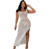 White Sleeveless Strap Hollow-out Knitting Sequin Sexy Midi Dress