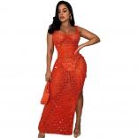 Red Sleeveless Strap Hollow-out Knitting Sequin Sexy Midi Dress