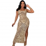 Beige Sleeveless Strap Hollow-out Knitting Sequin Sexy Midi Dress