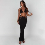 Black Spicy Girl Open Back Hanging Neck Tie Knitted Sweater Long Dress