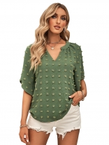 Green Women's Casual V-neck Applique Solid Color Top