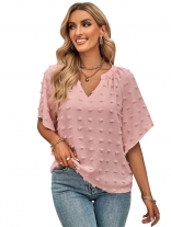 Pink Women's Casual V-neck Applique Solid Color Top