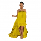 Yellow Off-Shoulder Sexy Silk Satin Bustier Sleeveless Pleated Maxi Dress