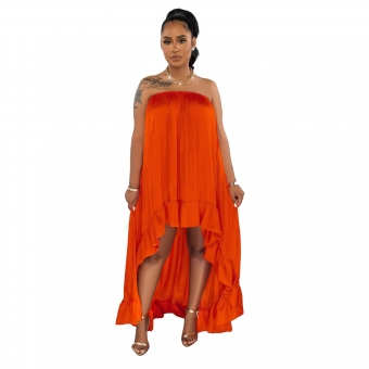 Orange Off-Shoulder Sexy Silk Satin Bustier Sleeveless Pleated Maxi Dress
