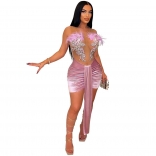 Pink Sexy Lace Feather Top Party Women Velvet Belt Club Mini Dress