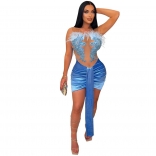 Blue Sexy Lace Feather Top Party Women Velvet Belt Club Mini Dress