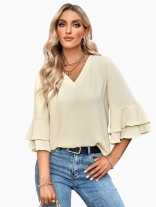 Beige Solid Loose V-neck Ruffle Sleeve Top for Women