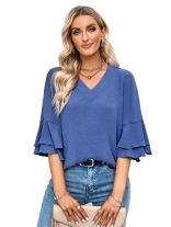 Blue Solid Loose V-neck Ruffle Sleeve Top for Women