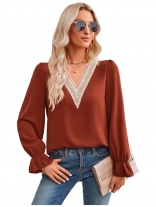 Long Sleeve Deep V-Neck Lace Hollow-out Sexy Women Tops
