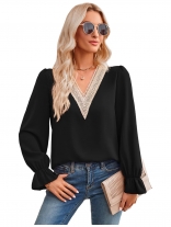 Long Sleeve Deep V-Neck Lace Hollow-out Sexy Women Tops