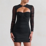 Black Mesh Long Sleeve Hollow-out V-Neck Bodycon Lining Mini Dress