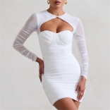 White Mesh Long Sleeve Hollow-out V-Neck Bodycon Lining Mini Dress