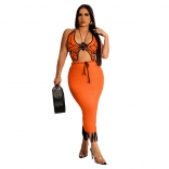 Orange Women Fashion Handmade Hooked Butterfly Top Knitted Fringe Midi Dress