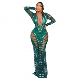 Green Hollow-out Deep V-Neck Diamonds Bodycon Printed Sexy Club Bandage Evening Long Dress