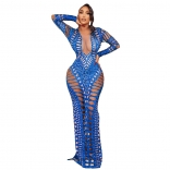 Blue Hollow-out Deep V-Neck Diamonds Bodycon Printed Sexy Club Bandage Evening Long Dress