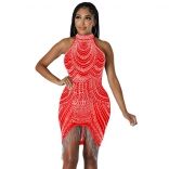 Red Solid Color Diamond Sleeveless Hanging Neck Short Mesh Bodycon Party Dress