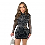 Black Mesh Long Sleeve Rhinestone Bodycon Sexy Club Mini Dress