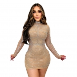 Khaki Mesh Long Sleeve Rhinestone Bodycon Sexy Club Mini Dress