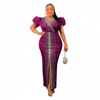 Purple Women's Diamonds Bubble Sleeve Elastic V-Neck EveningLong Dress