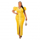 Yellow Women's Diamonds Bubble Sleeve Elastic V-Neck EveningLong Dress