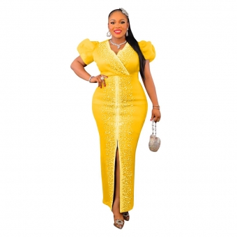Yellow Women's Diamonds Bubble Sleeve Elastic V-Neck EveningLong Dress