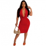 Red Women Sexy Low Cut V-Neck Backless Gilded Bodyocn Midi Dress