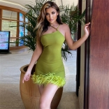 Green Low-Cut V-Neck Women Sexy Fur Bodycon Party Mini Dress