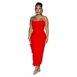Red Off-Shoulder Boat Neck Feather Split Sexy Bodycon Midi Dress