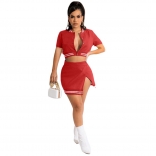 Red Button V Neck Strips Solid Bodycon Fashion Sexy Split Pant Sets