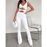 White Sleeveless V Neck Hollow-out Solid Women Sexy Jumpsuit
