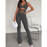 Gray Sleeveless V Neck Hollow-out Solid Women Sexy Jumpsuit