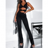 Black Sleeveless V Neck Hollow-out Solid Women Sexy Jumpsuit