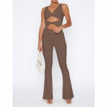 Coffee Sleeveless V Neck Hollow-out Solid Women Sexy Jumpsuit